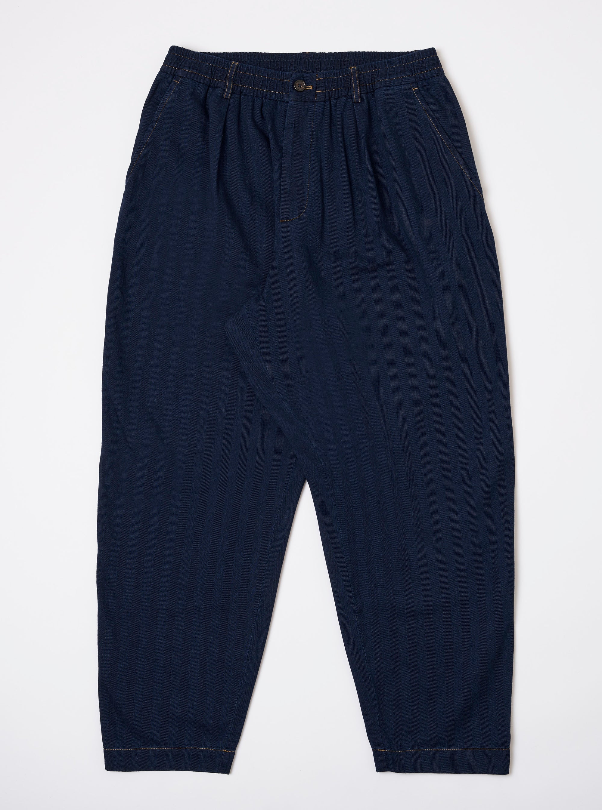 PLEATED TRACK PANT HERRINGBONE REC. INDIGO